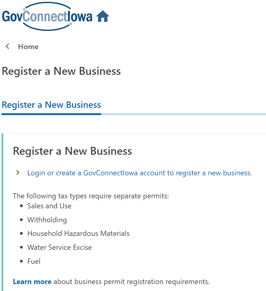 Snapshot of the Iowa government website to register a new business