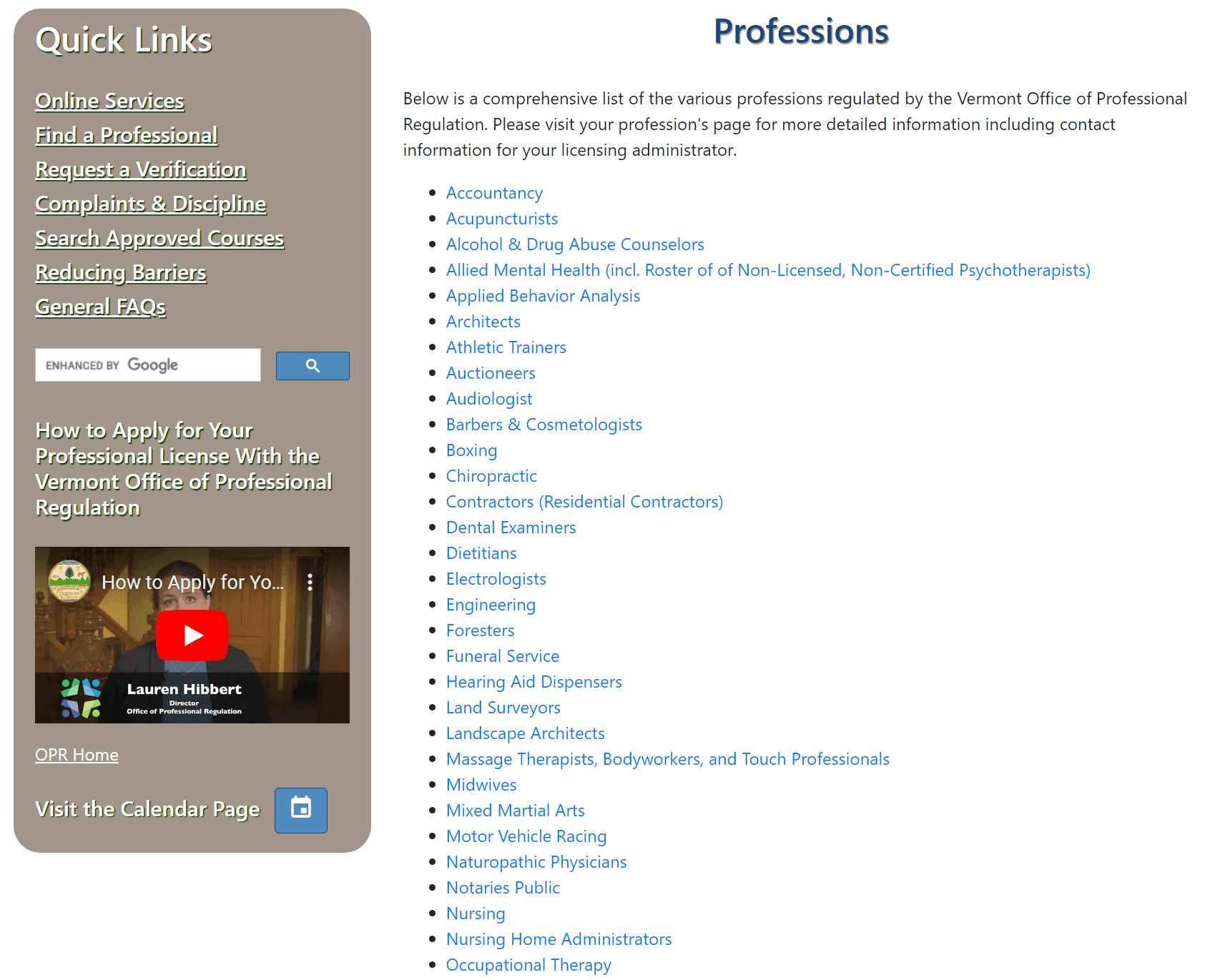 Image of Vermont's Office of Professional Regulation website page showing a list of different professions for licensing information
