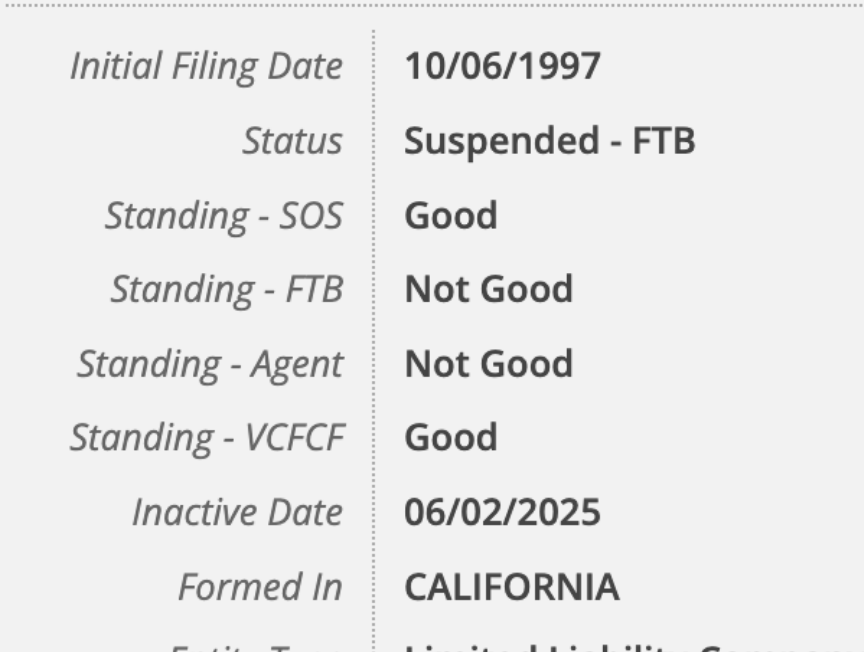 Screenshot of the California LLC lookup website, showing an LLC not in good standing.