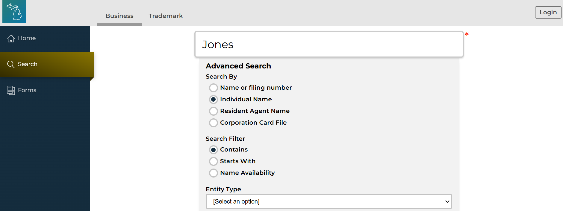 A screenshot of the MIBusiness Registry Portal  business search advanced options webpage.  