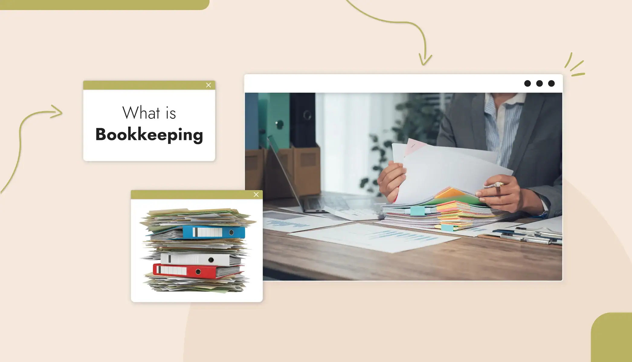 A person looking through a binder filled with papers on a desk Text reads "What is Bookkeeping"