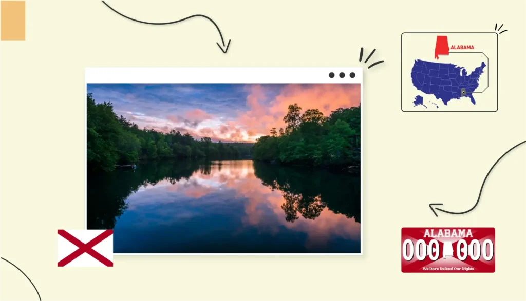 Scenic view of pink sunset over a lake lined with trees in Alabama