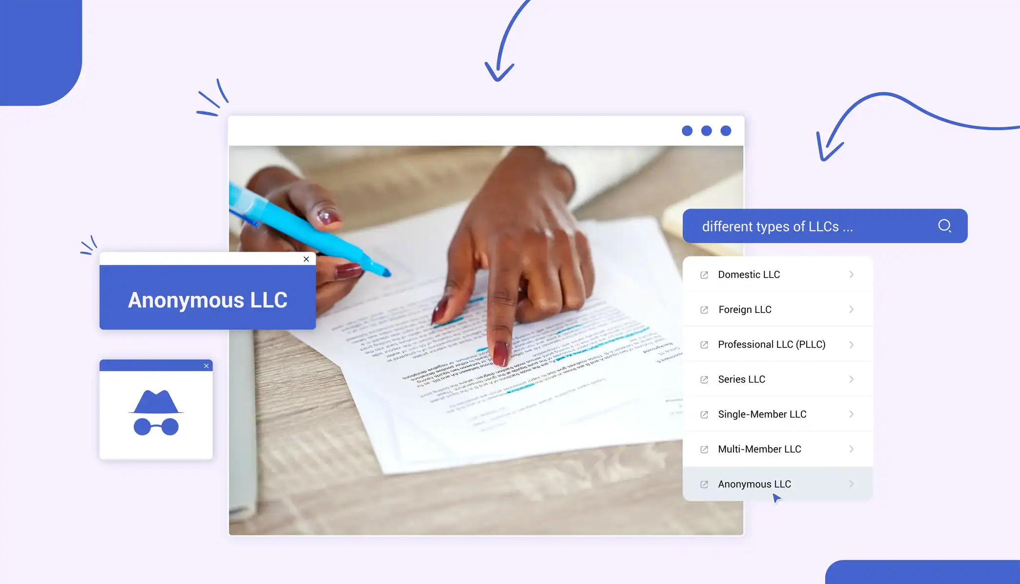 A person highlighting a document, text reads "Anonymous LLC"