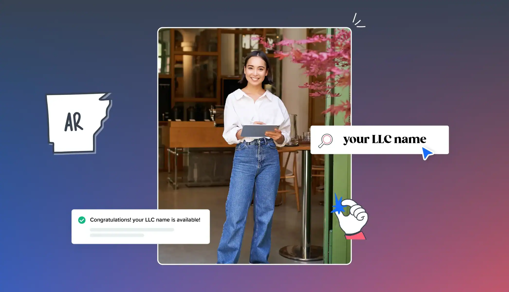 Business woman holding a tablet searching the business entity portal with Arkansas map and icons