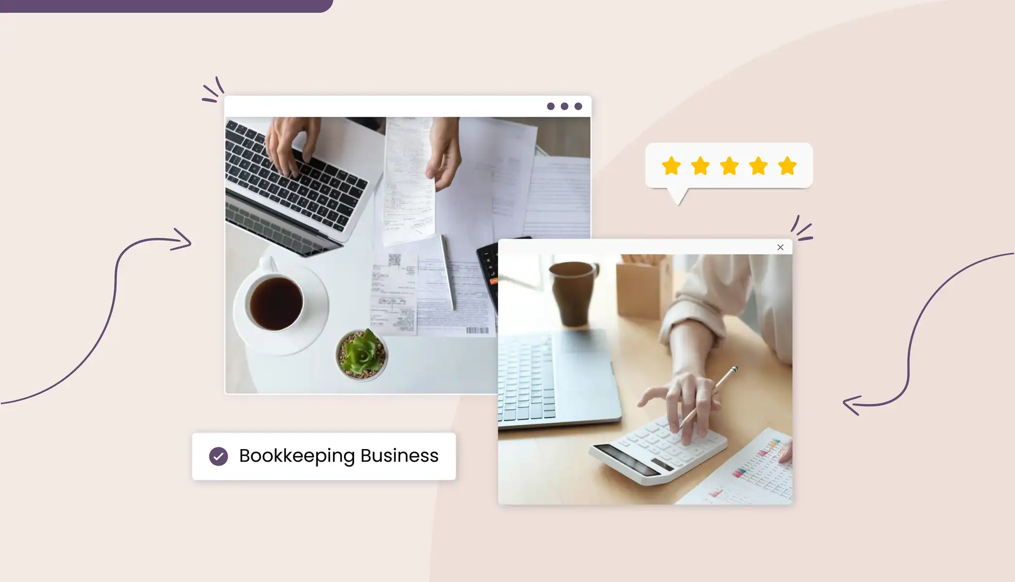A person using a calculator A person looking at a receipt Text reads, "Bookkeeping Business"
