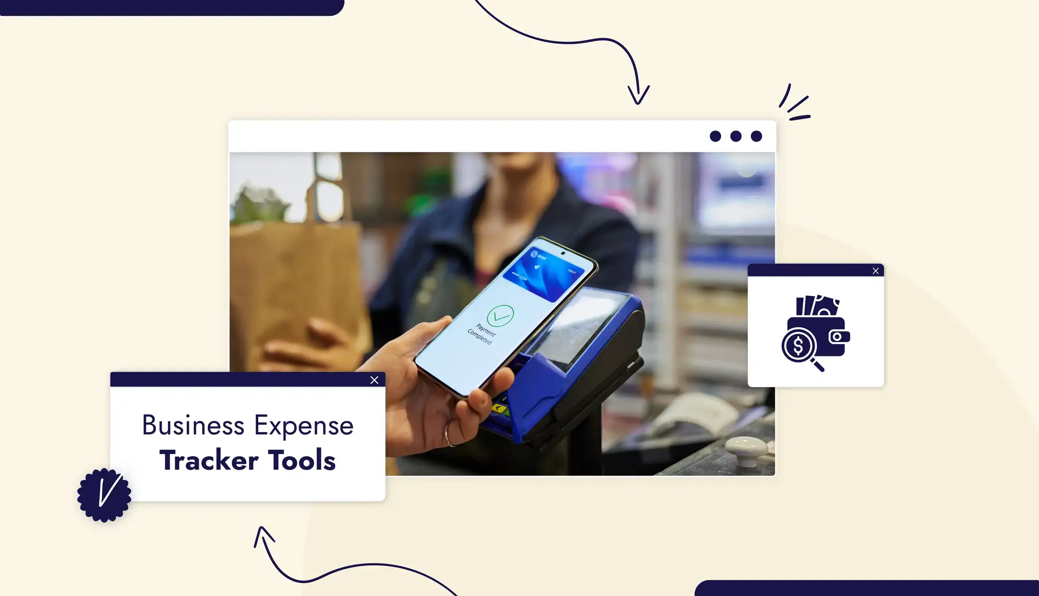 A person paying using a credit card on their phone Text reads "Business Expense Tracker Tools"