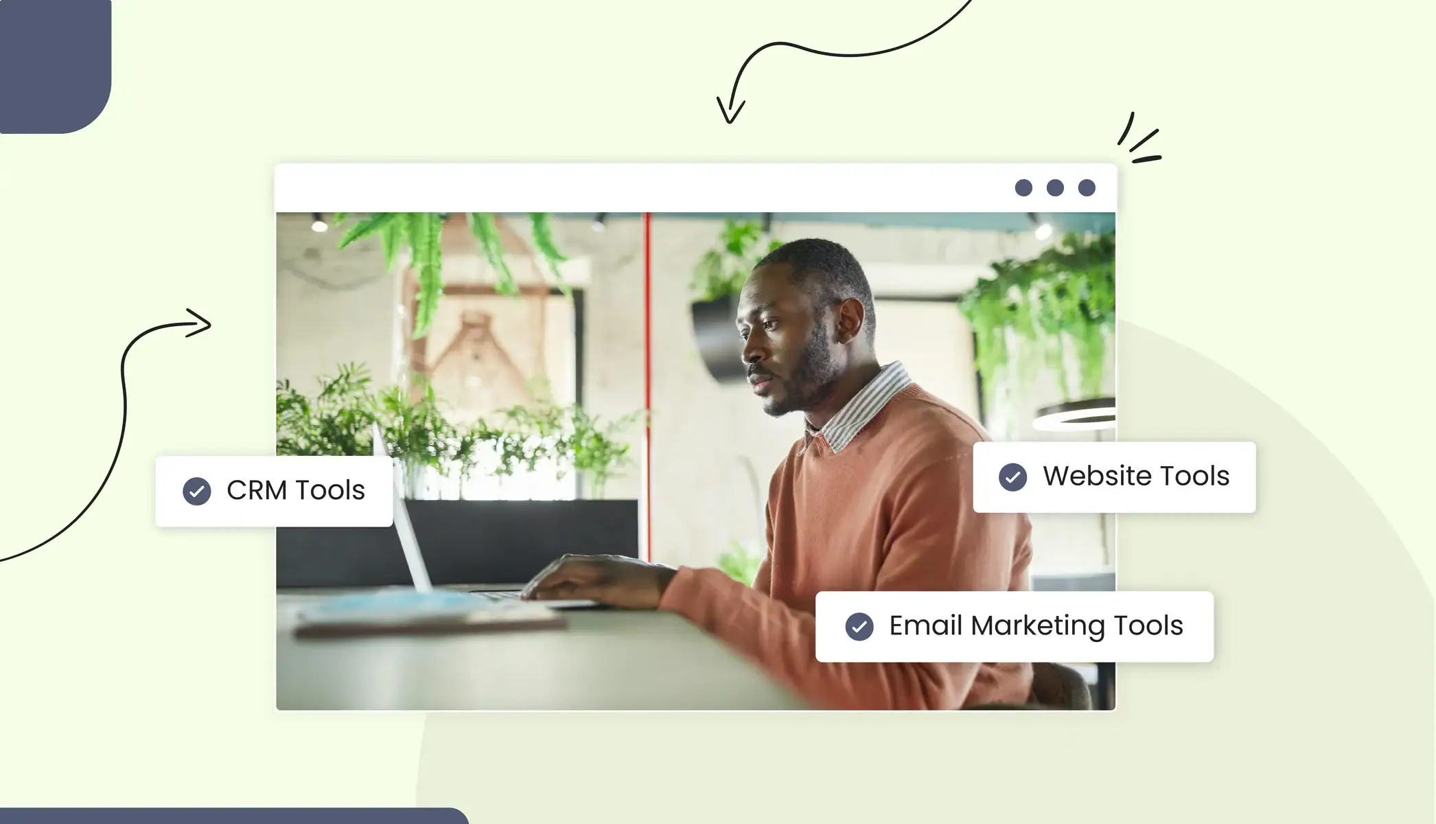 A man working on a laptop Text reads "CRM Tools" "Email Marketing Tools" "Website Tools"