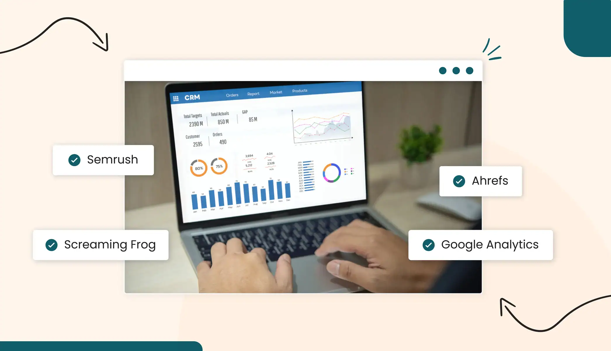 A person typing on a laptop. The laptop screen shows website traffic analytics