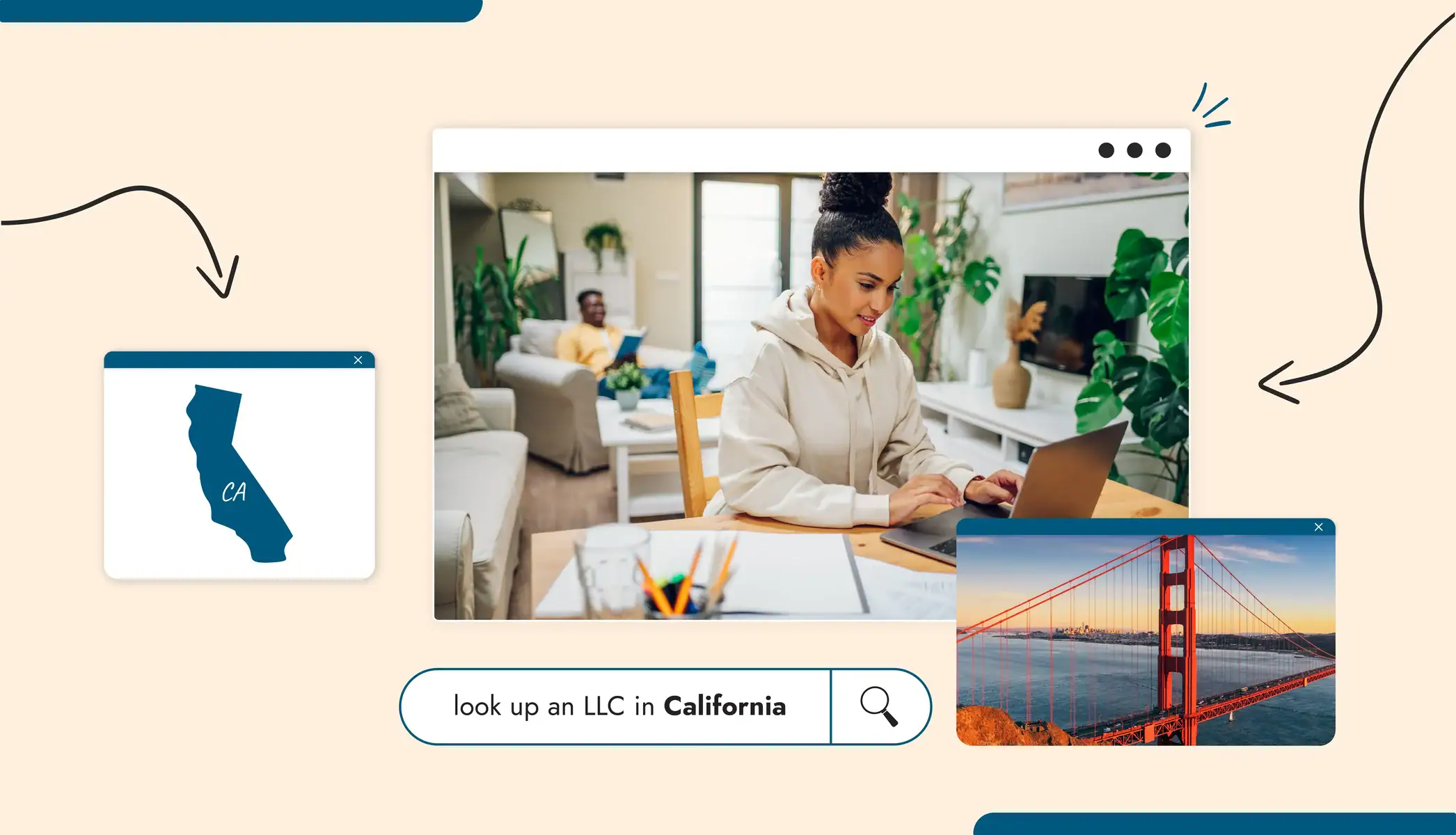 A woman typing on a laptop doing an LLC lookup California state map