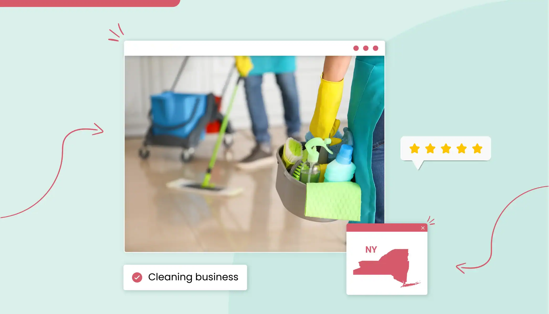 A person holding a bucket of cleaning supplies New York state map