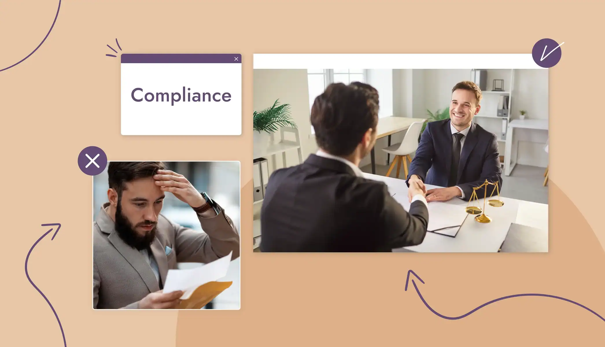 A man looking at a piece of paper looking shocked, a man shaking hands and smiling with someone, text reads "Compliance"