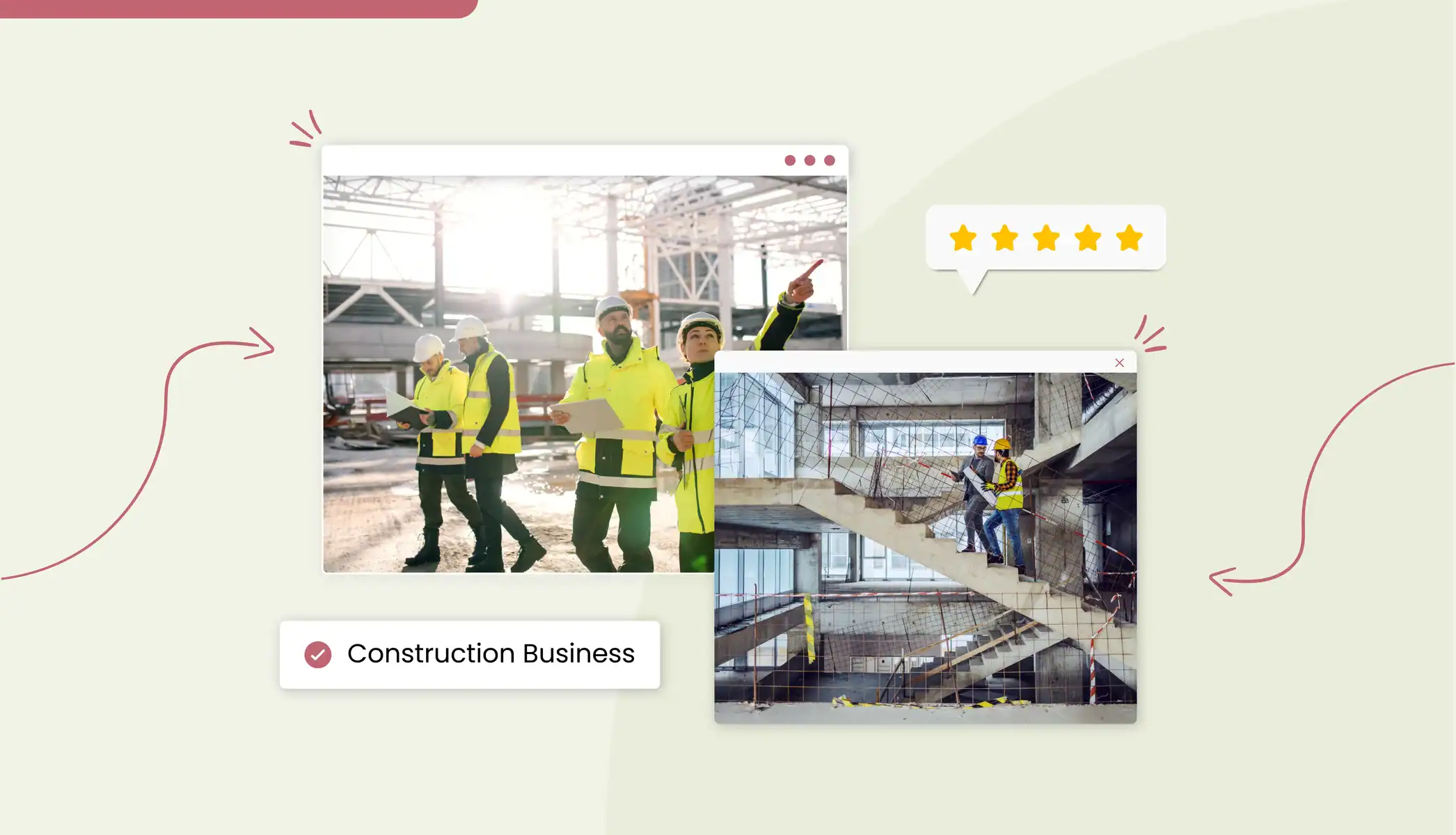 Workers in a construction site wearing hard helmets and yellow vests Text reads, "Construction Business"