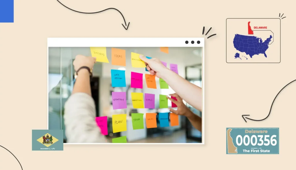 Small business owners adding colourful sticky notes to a wall in Delaware
