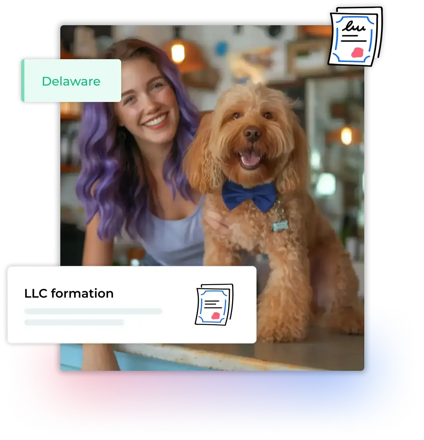 A woman with purple hair with a smiling dog at a store in Delaware after forming an LLC