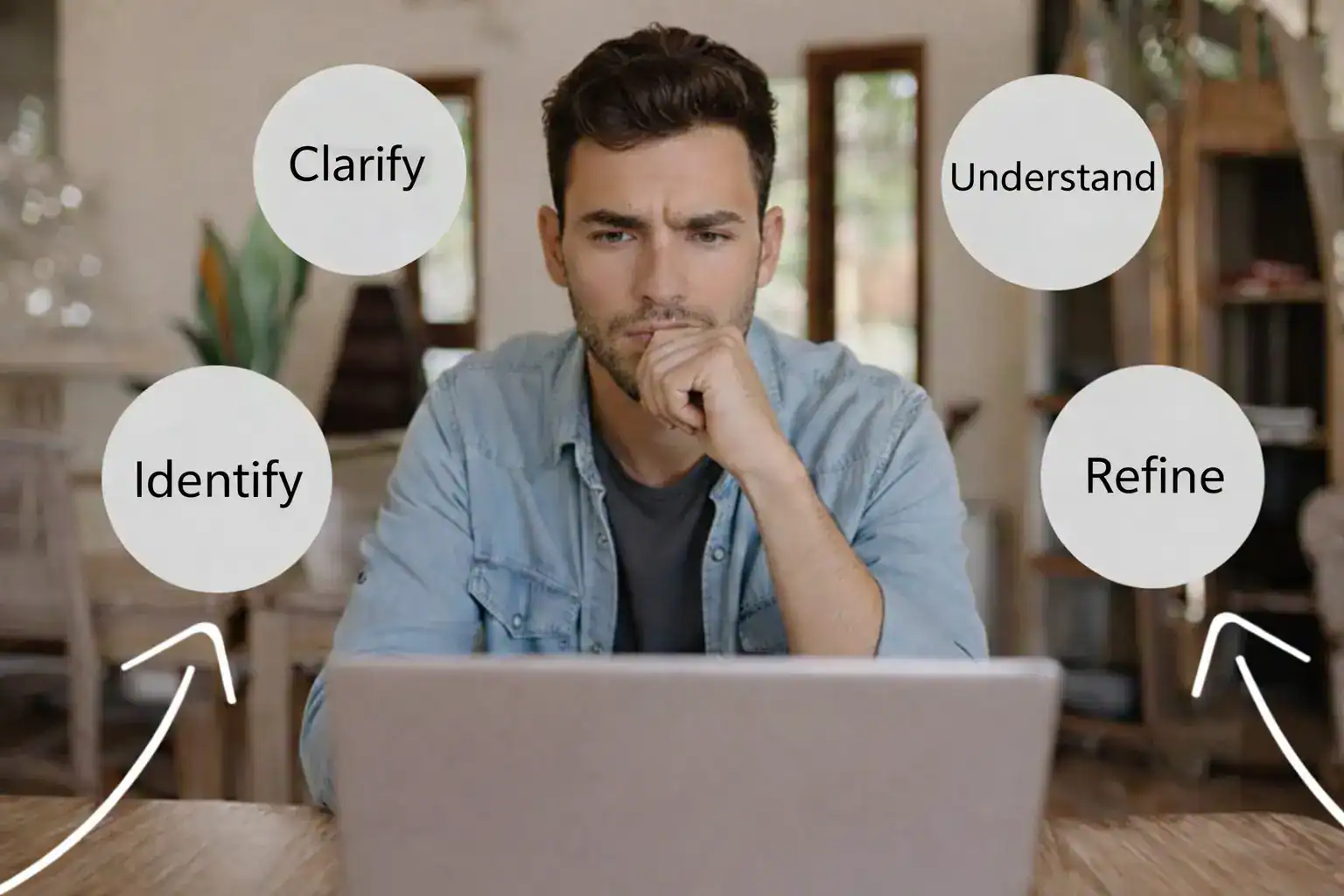 A person looking at a laptop screen with a look of concentration on his face