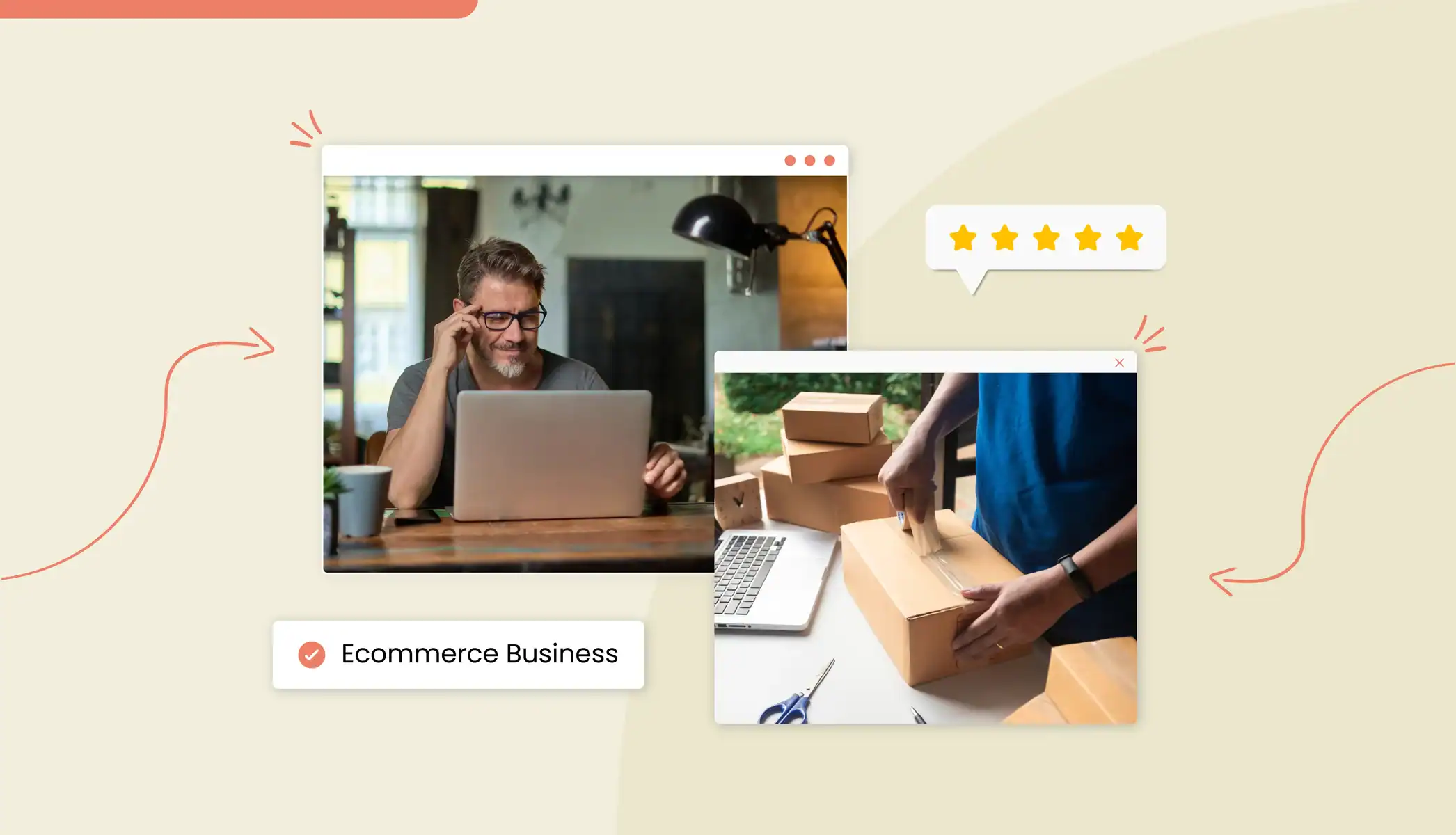 A man looking at a laptop screen Hands putting tape on a box to be shipped