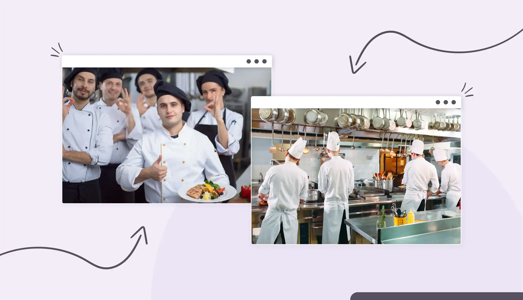 A group of chefs in white coats and hats cooking and handling food in an industrial kitchen