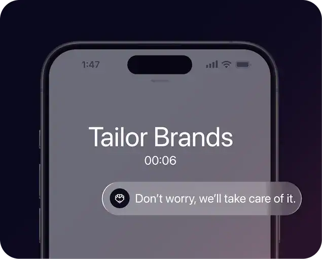 Phone on Tailor Brands website showing  a help bubble with text