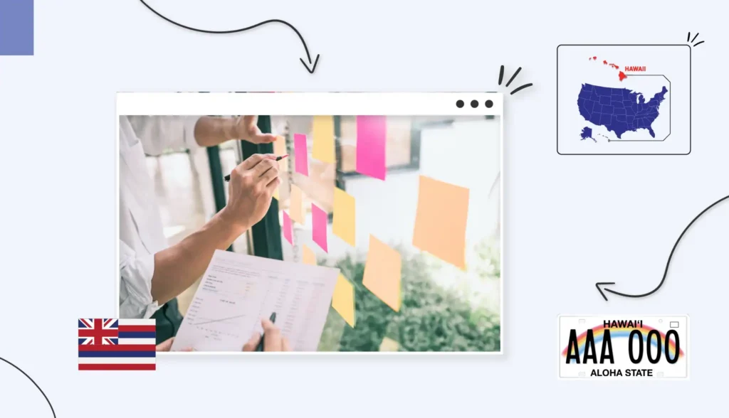 Small business owner writing on a sticky note that has been pasted onto a clear glass wall surrounded by other colourful sticky notes in Hawaii
