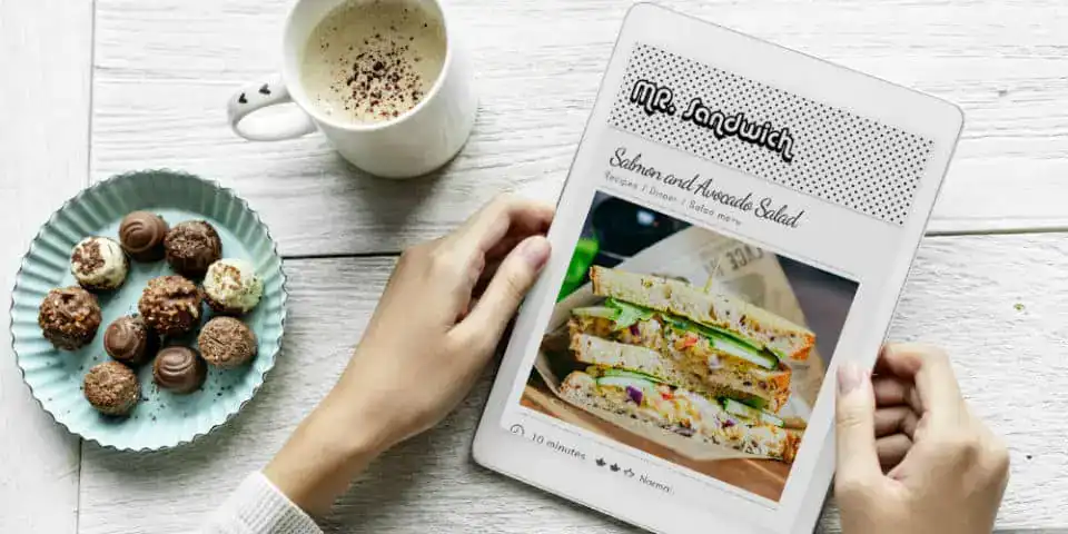 website on a tablet showing food