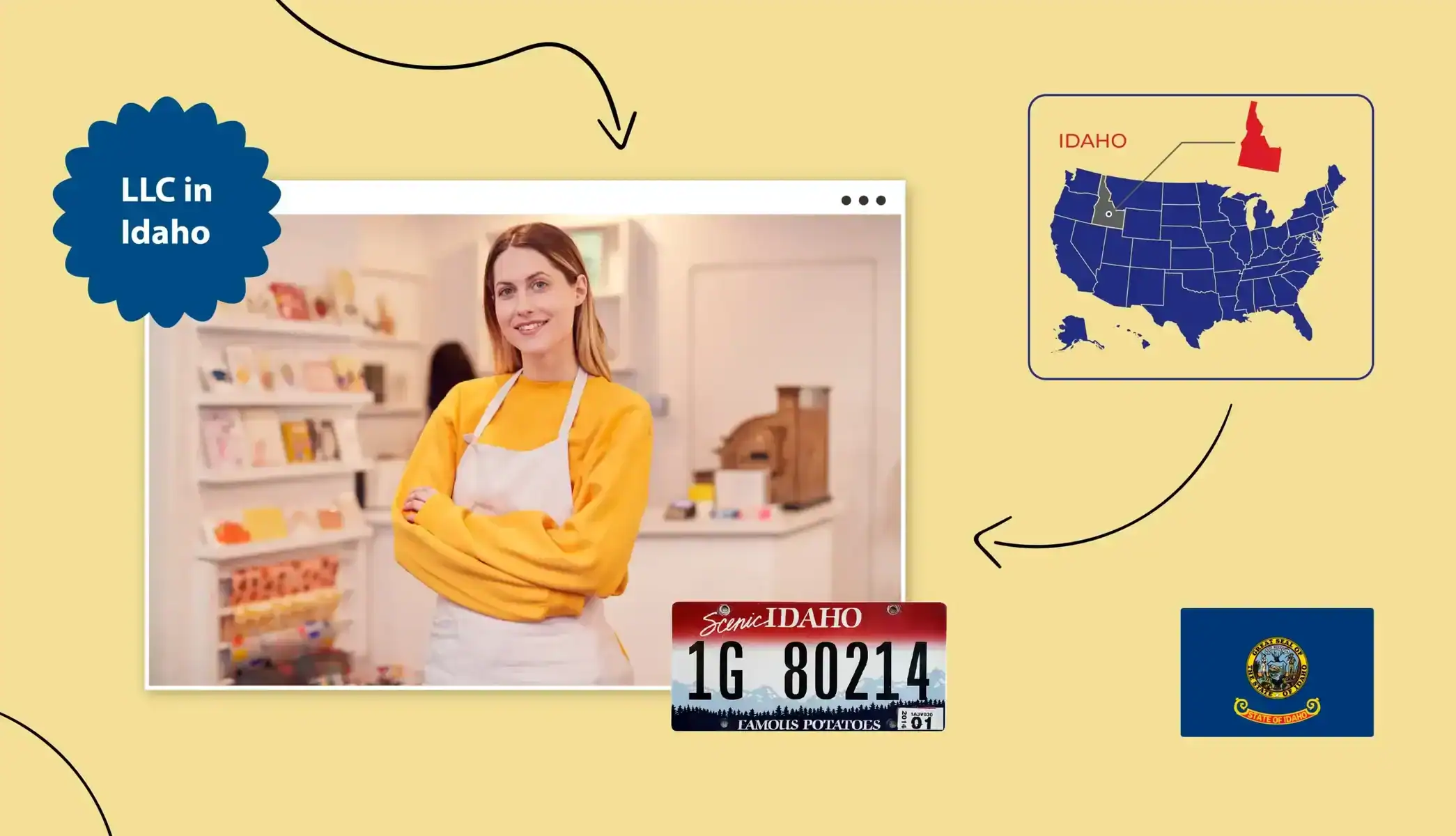 Small business owner wearing a yellow shirt and white apron with her arms crossed in Idaho