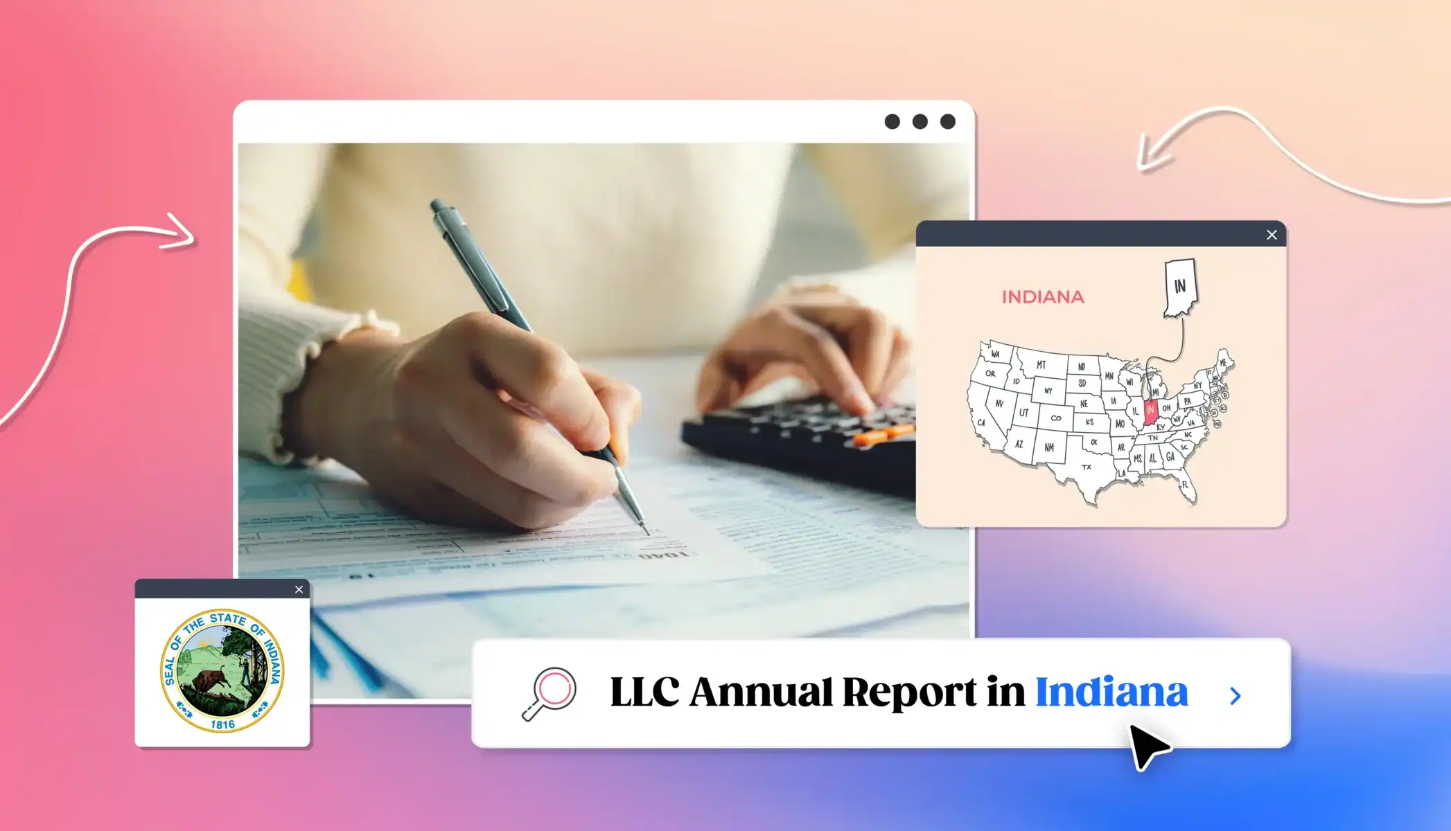 LLC annual report in Indiana states map Indiana map hand with pen signing business entity report in Indiana