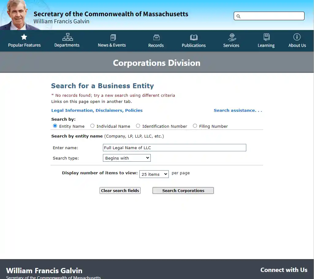 Iowa SoS business search website screenshot