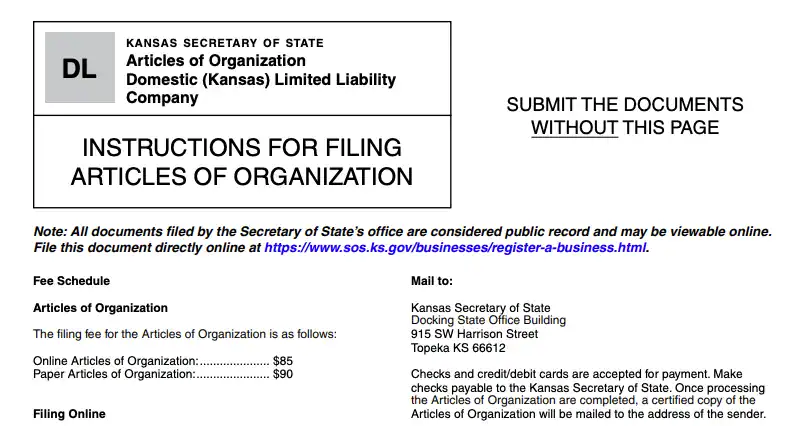 Kansas LLC filing fee screenshot
