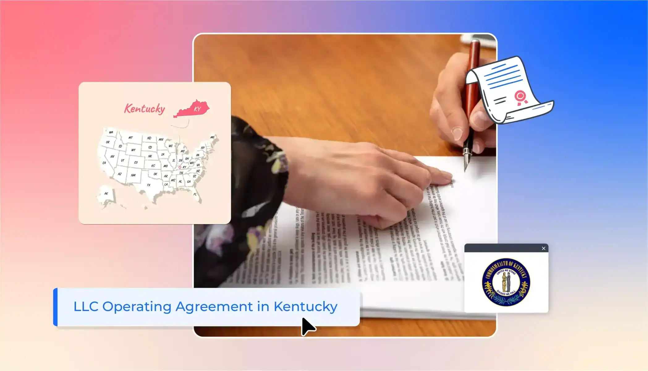 LLC operating agreement in Kentucky hand pointing on contract states map Kentucky map