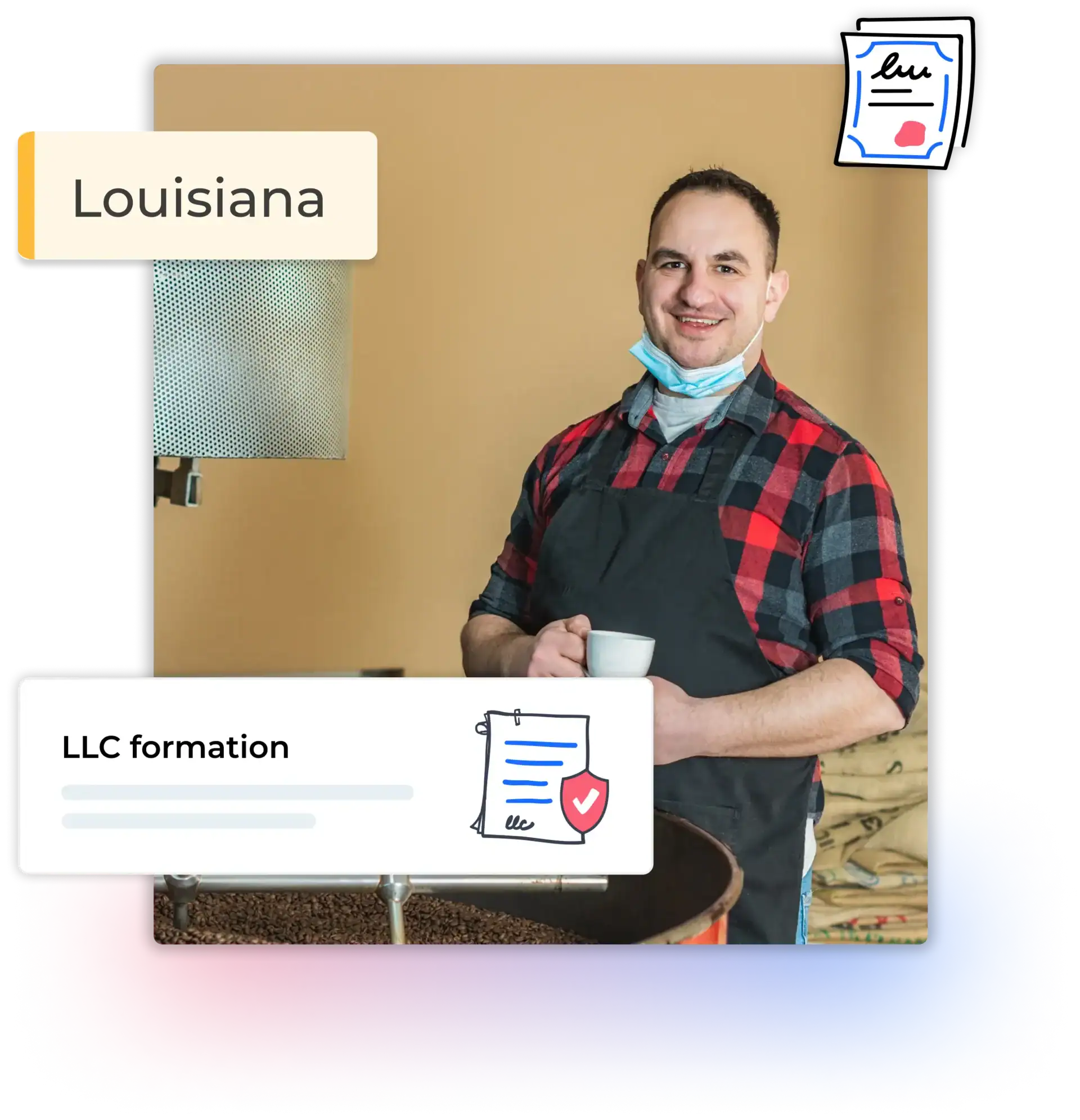 Louisiana LLC formation text with man standing next to a large coffee bean grinder