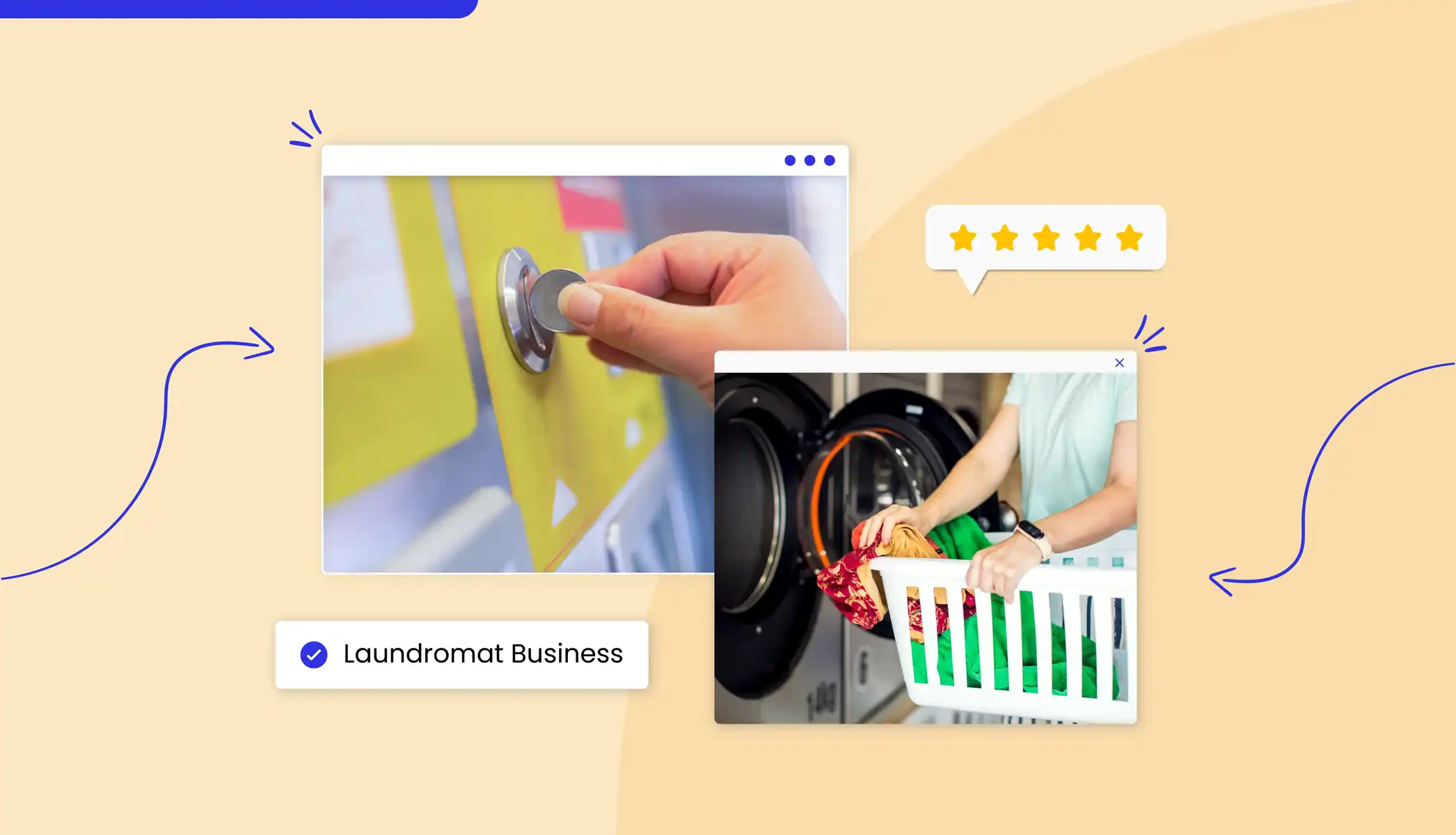 A person inserting a coin into a laundry machine A person taking clothing out of a laundry machine