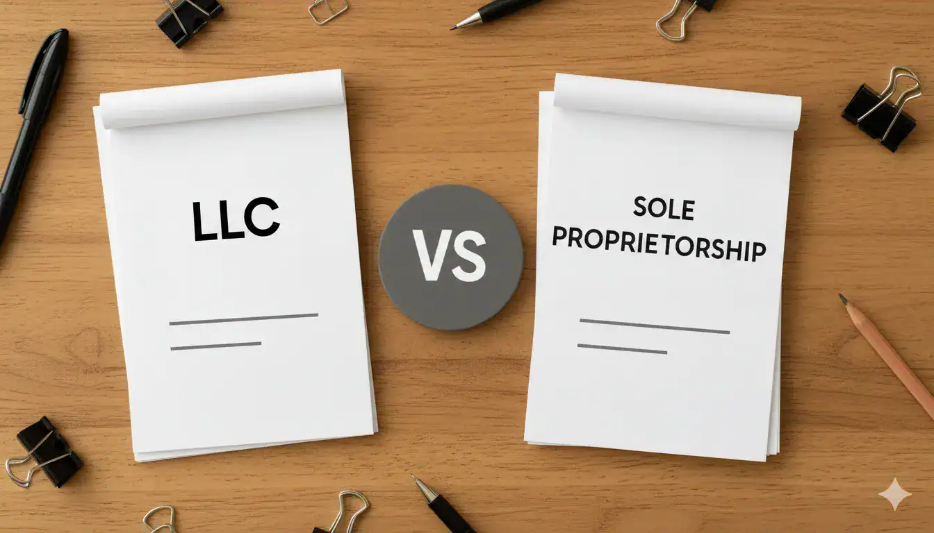 Two pieces of paper, one says "LLC" the other says "Sole Proprietorship" they are on a desk surrounded by office supplies