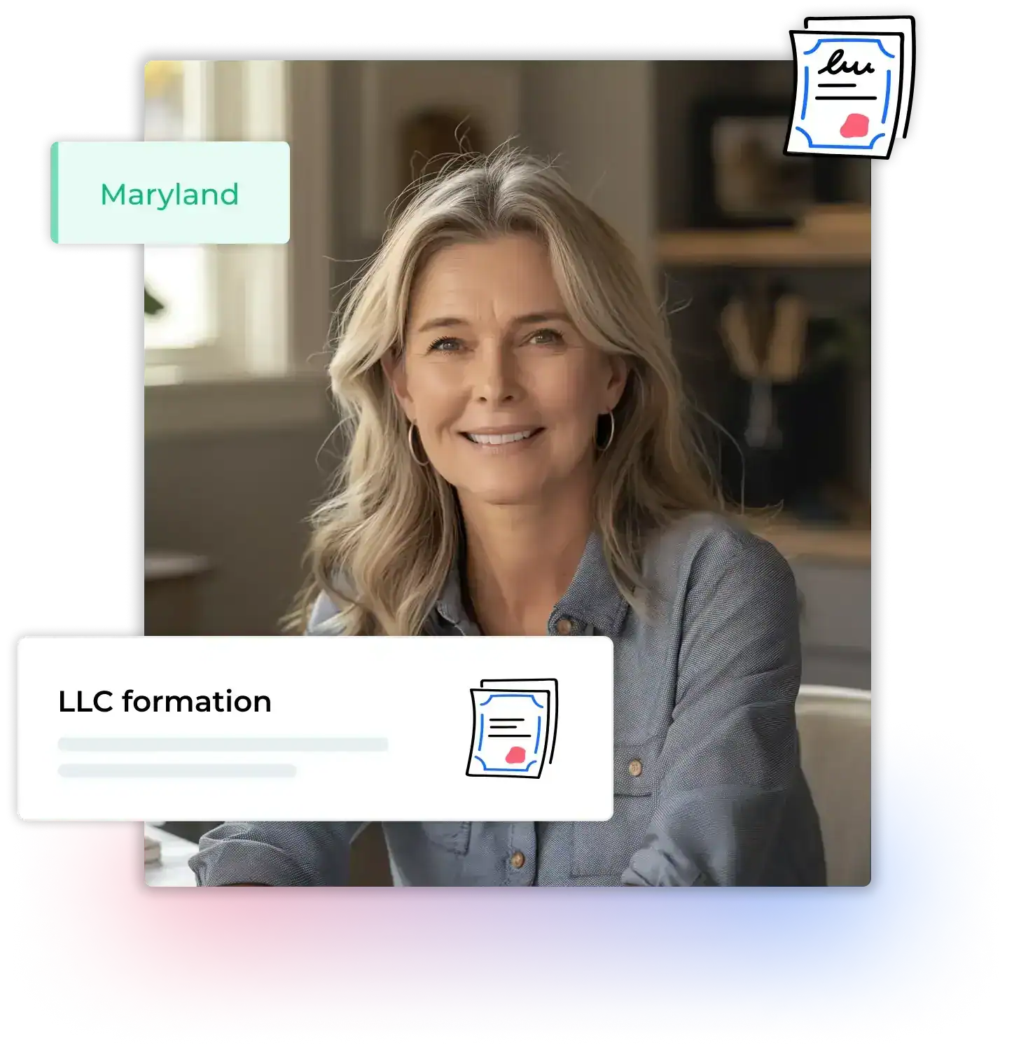 A woman sitting in her office with text about Maryland and LLC formation