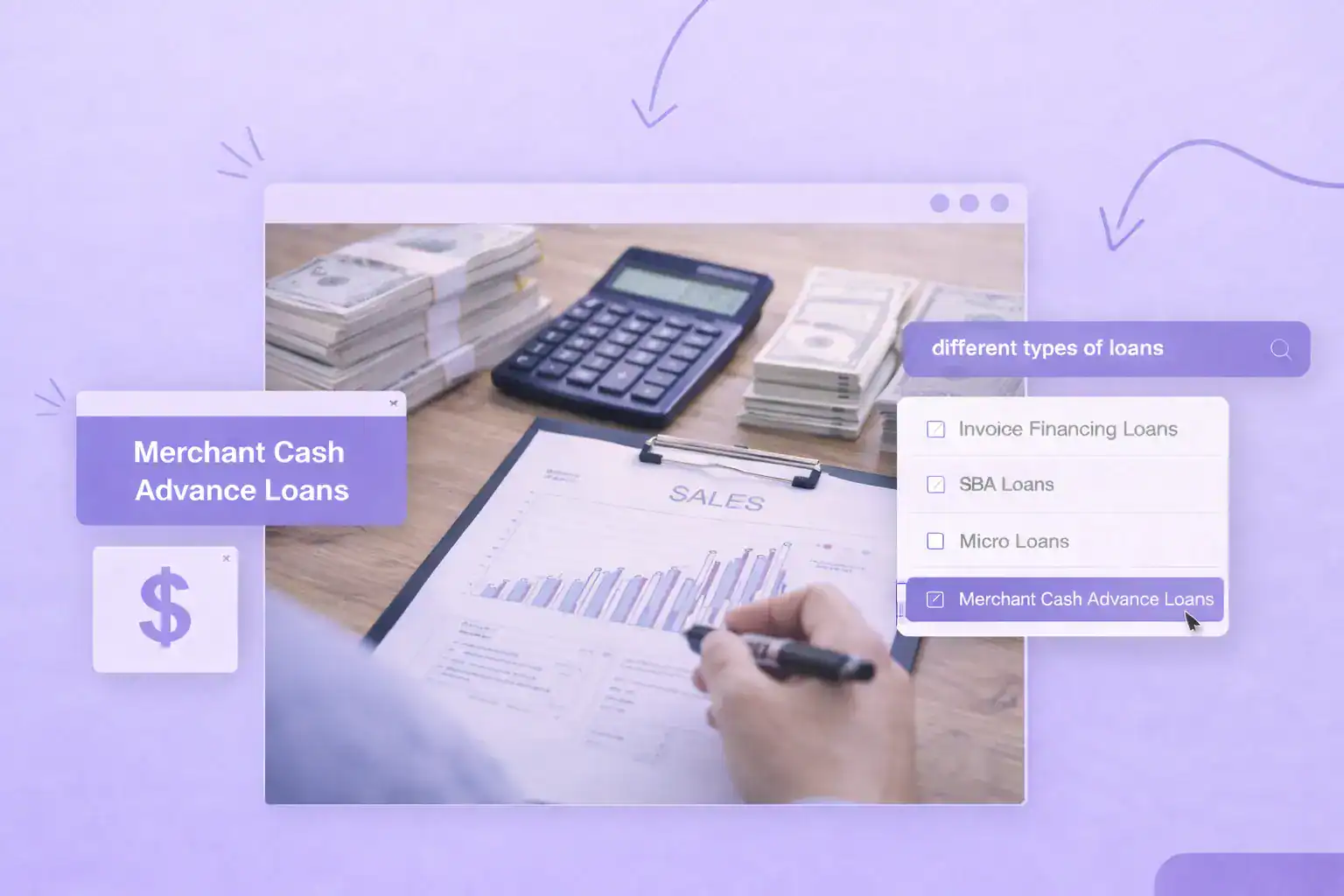 A person looking at a sales graph with a calculator next to them. Text reads "Merchant Cash Advance"