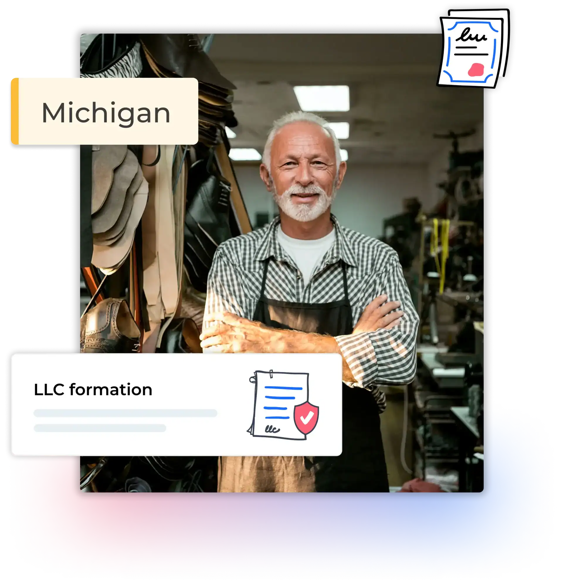 Michigan LLC formation text with man in his shoe sotre