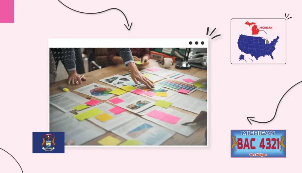 Small business owner looking at a table covered in sticky notes in Michigan