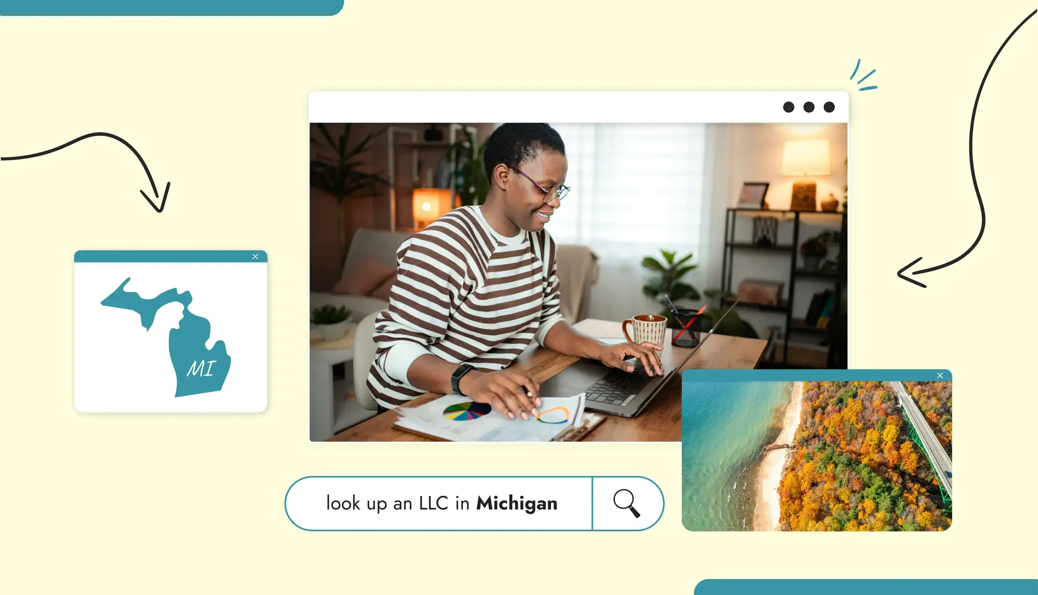 A person typing on a laptop doing an LLC lookup Michigan state map