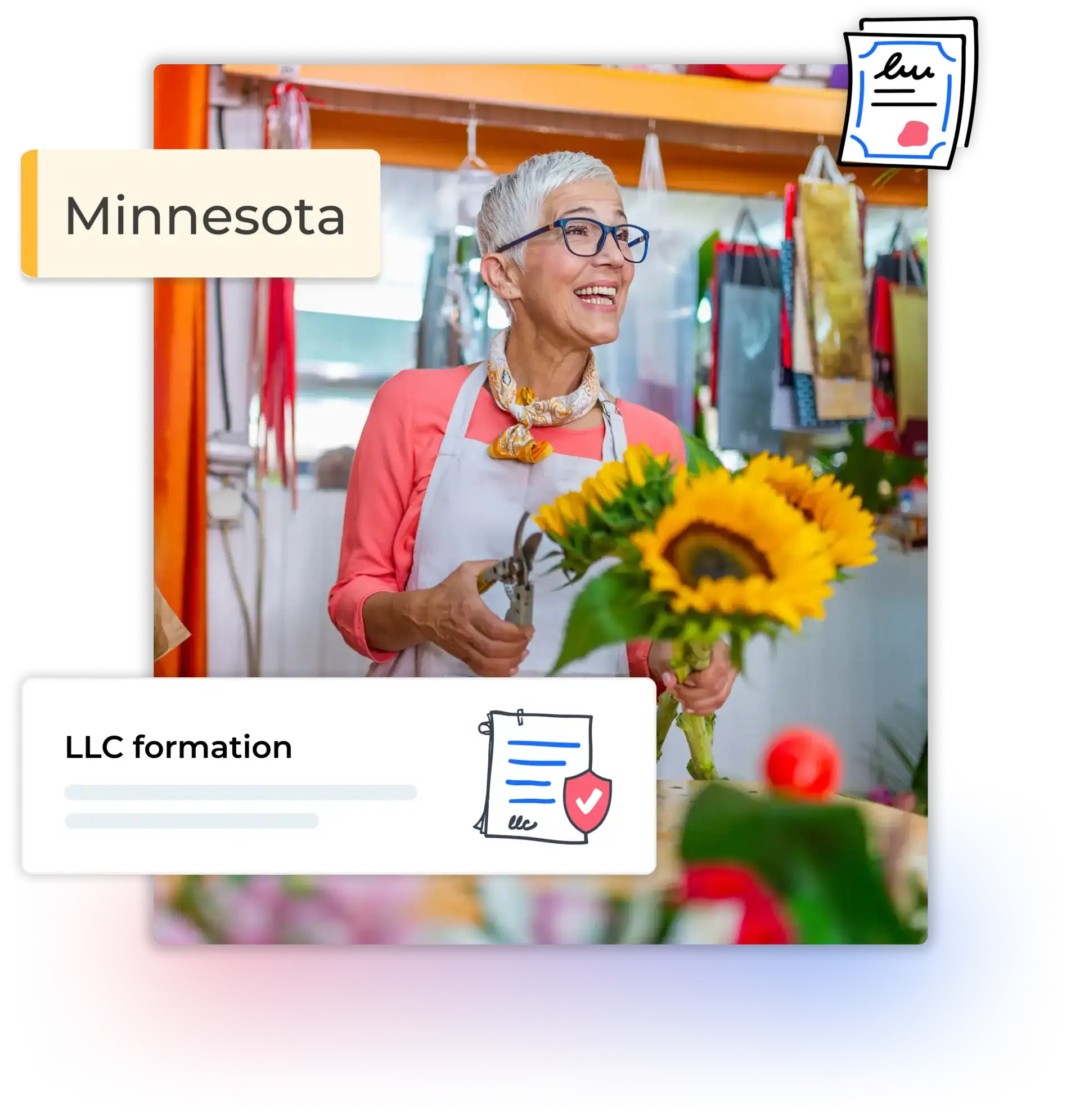 Minnesota LLC formation text with woman with short hair and glassed holding sunflowers and a cutter at her flower shop