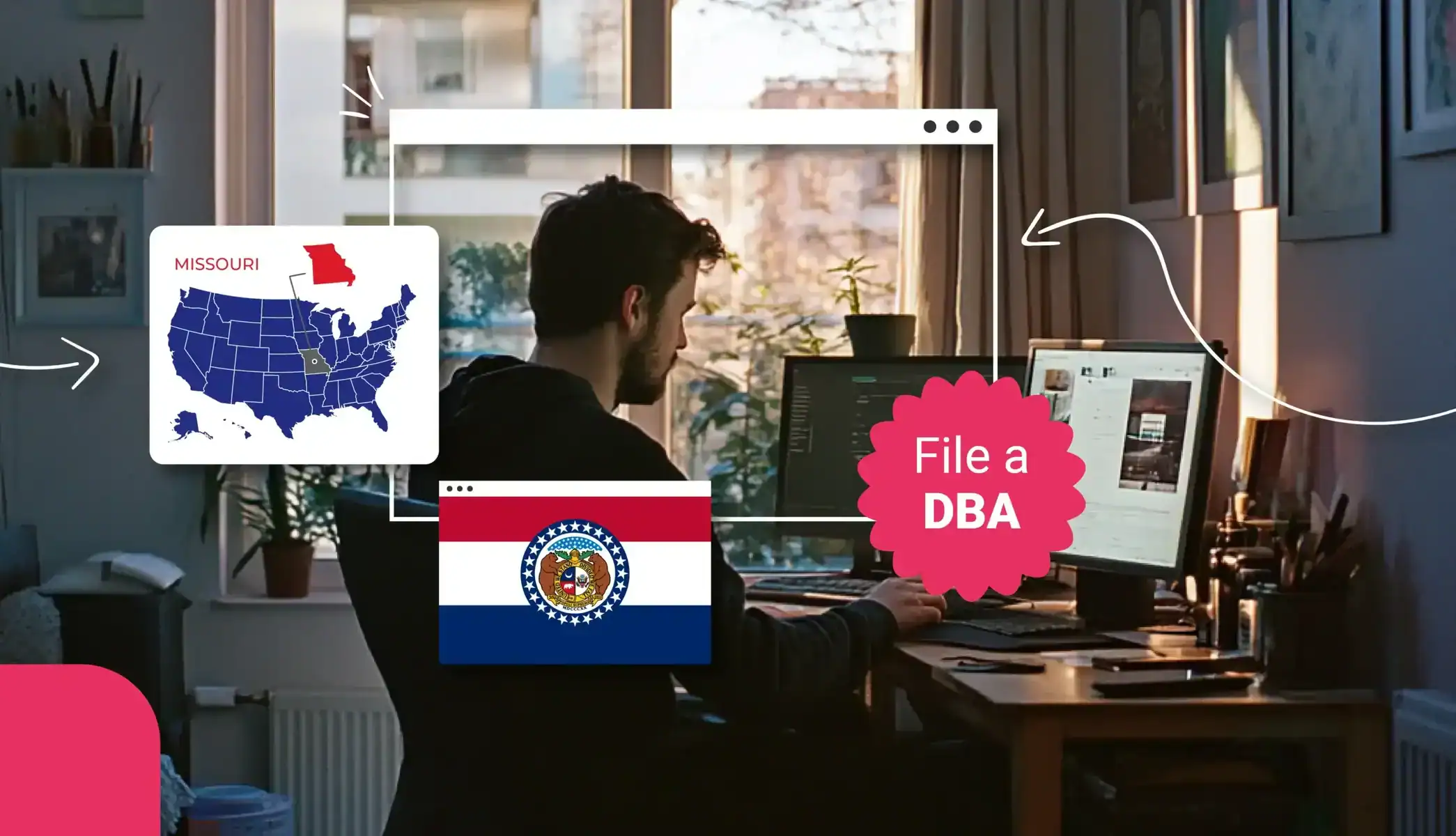 Small business owner sitting in front of a computer filing for a DBA in Missouri