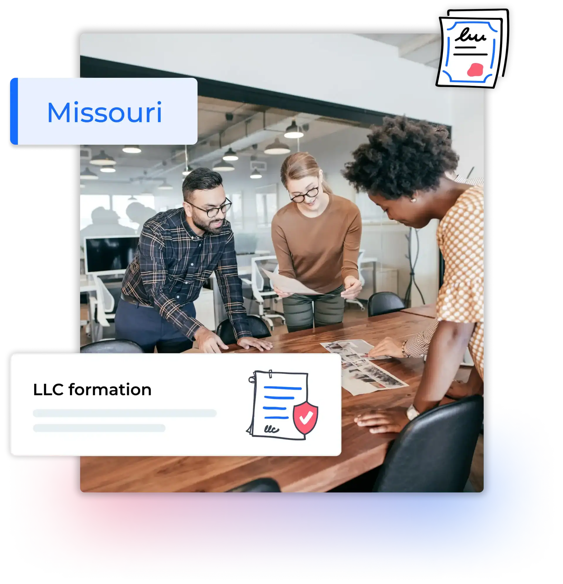 Missouri LLC formation text with people in a meeting at their office reviewing
