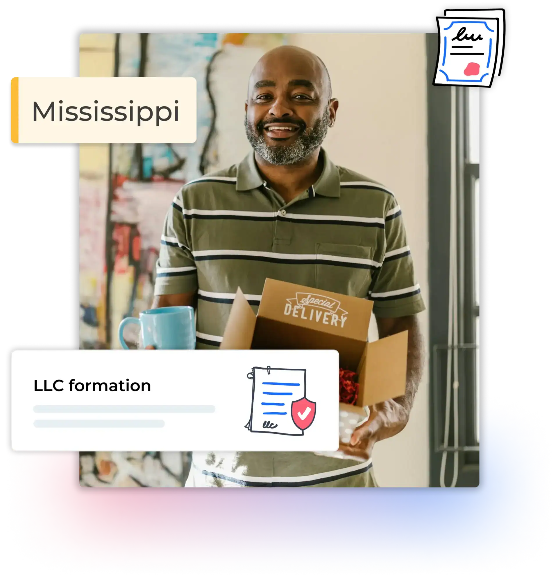 Mississippi LLC formation text with man holding a mug and a delivery box