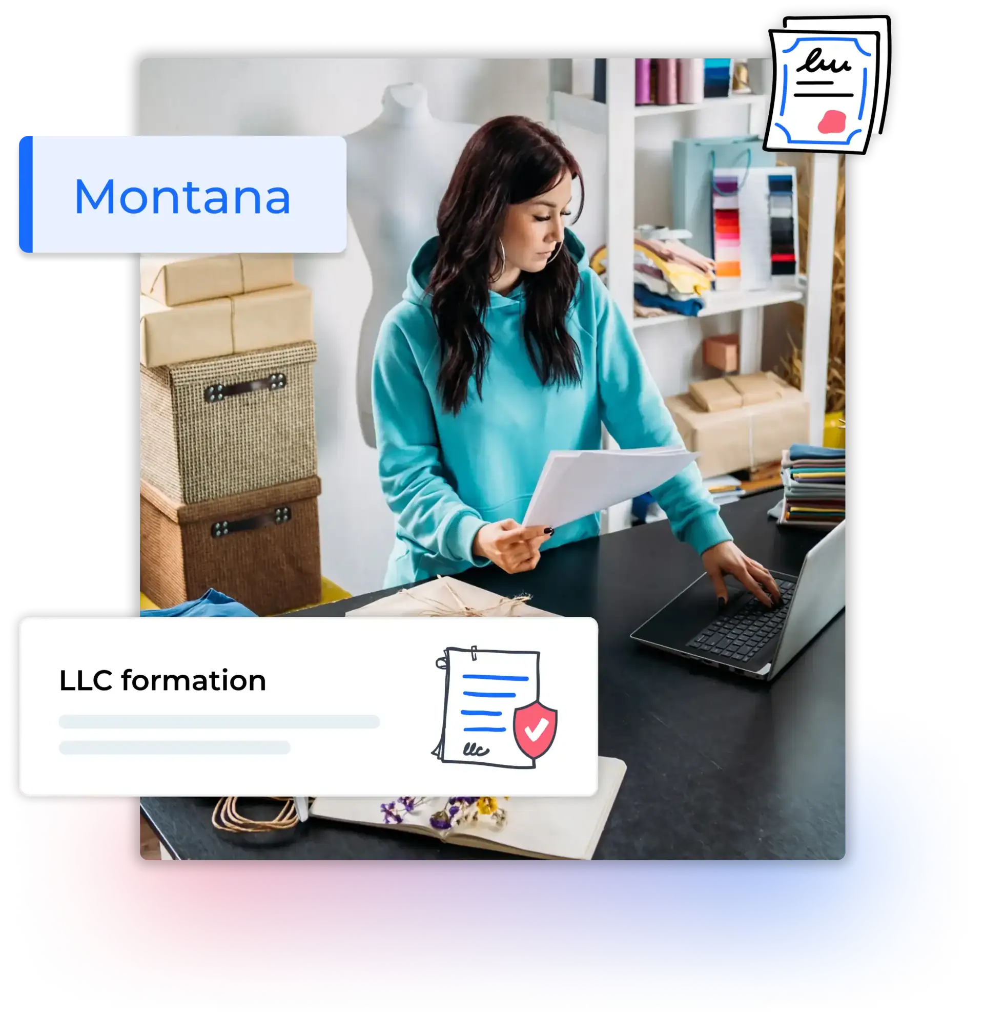 Montana LLC formation text woman working on her laptop in a fabrics store