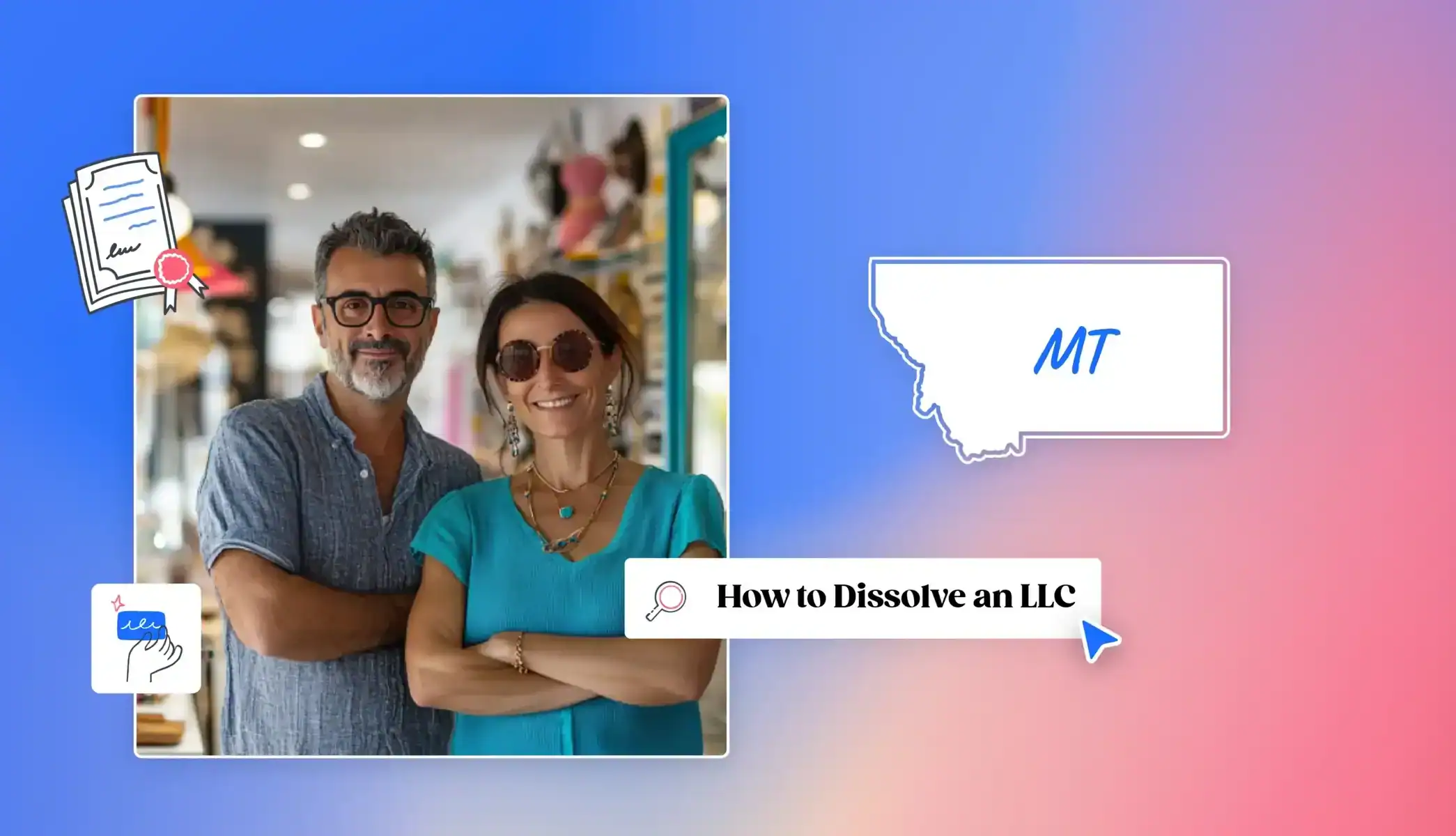 Two business owners surrounded by text how to dissolve an LLC and Montana state map and icons