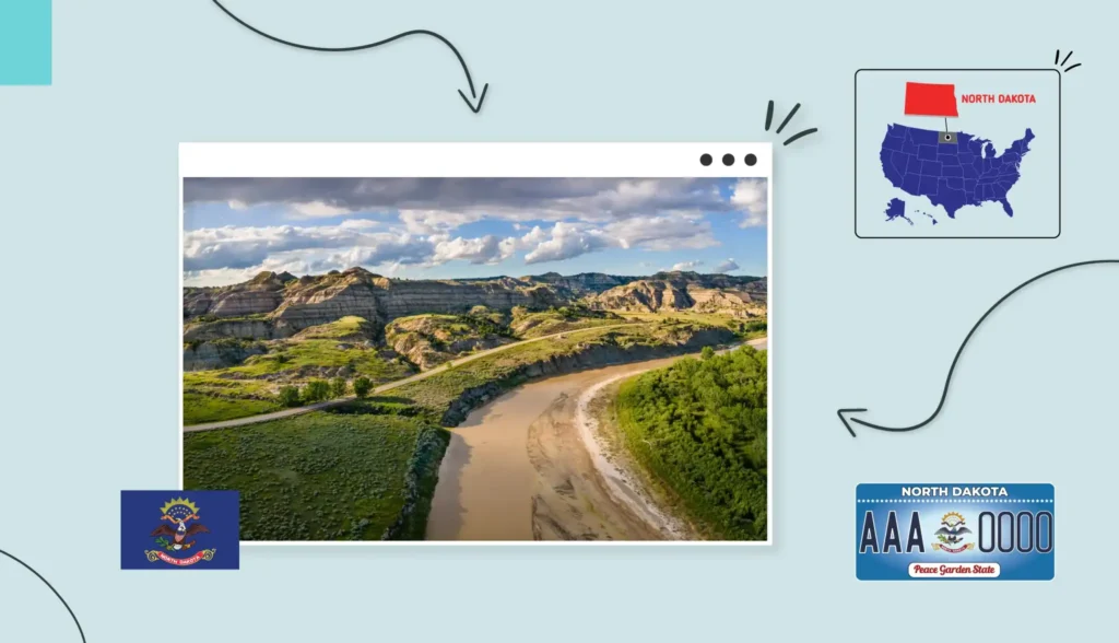 Scenic aerial view of a lake in North Dakota surrounded by greenery and small mountains