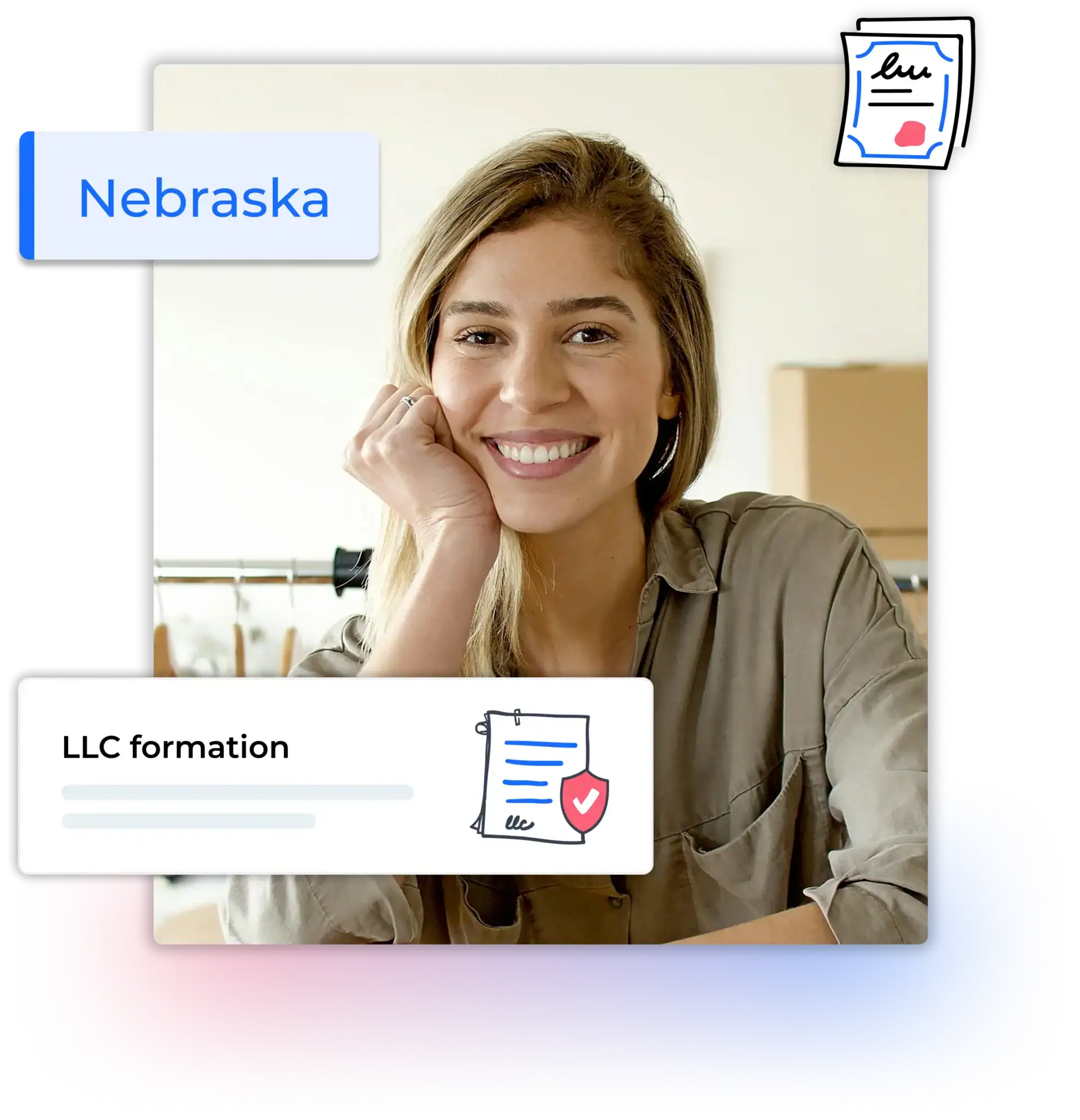 Nebraska LLC formation text with a successful business owner smiling