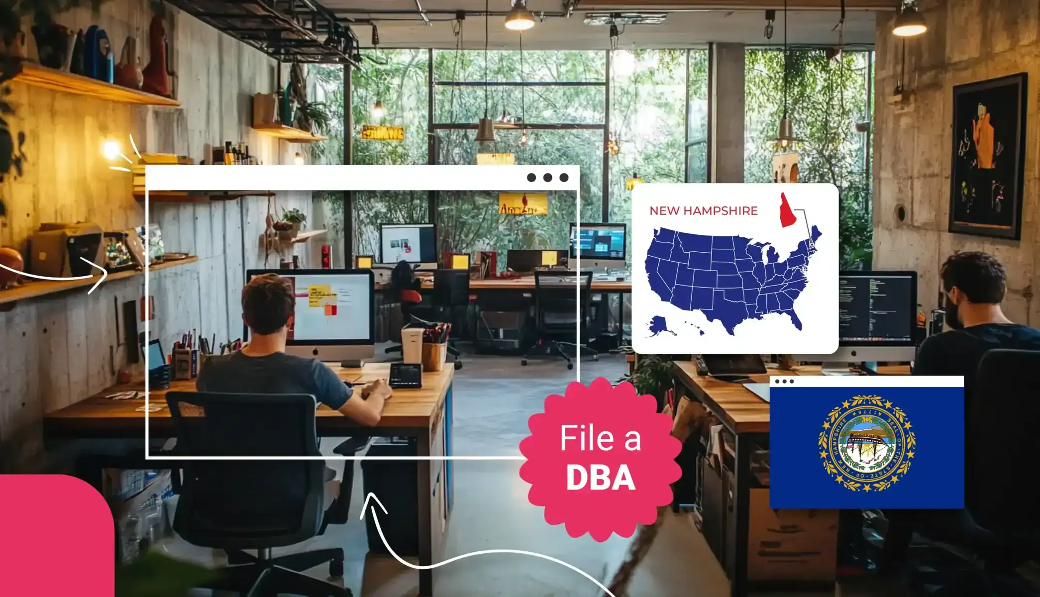 Business owners working at their desks in a small, wooden room in New Hampshire