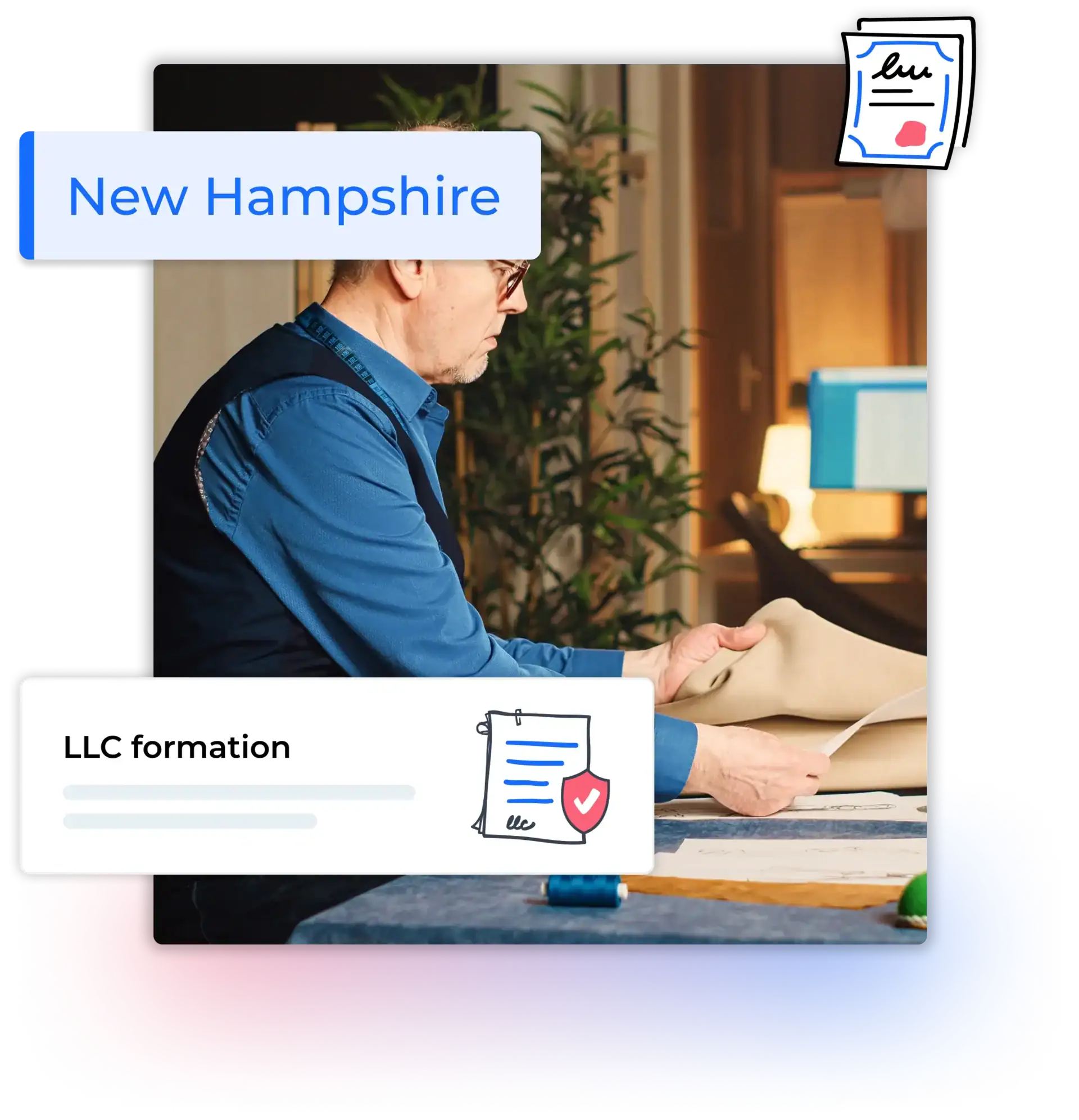 New Hampshire LLC formation text with man sitting in his studio designing clothes
