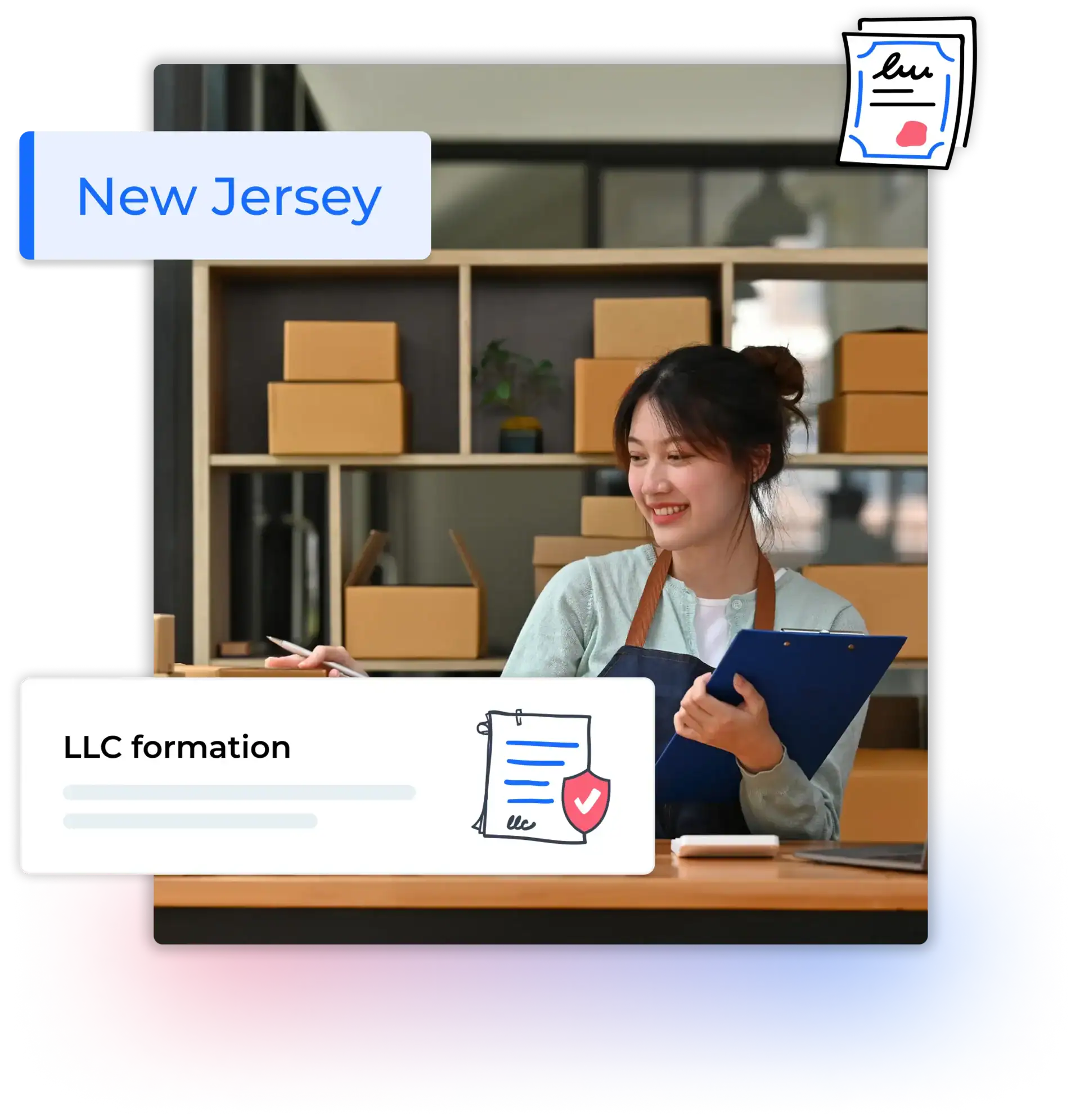 New Jersey LLC formation text with woman working in a store