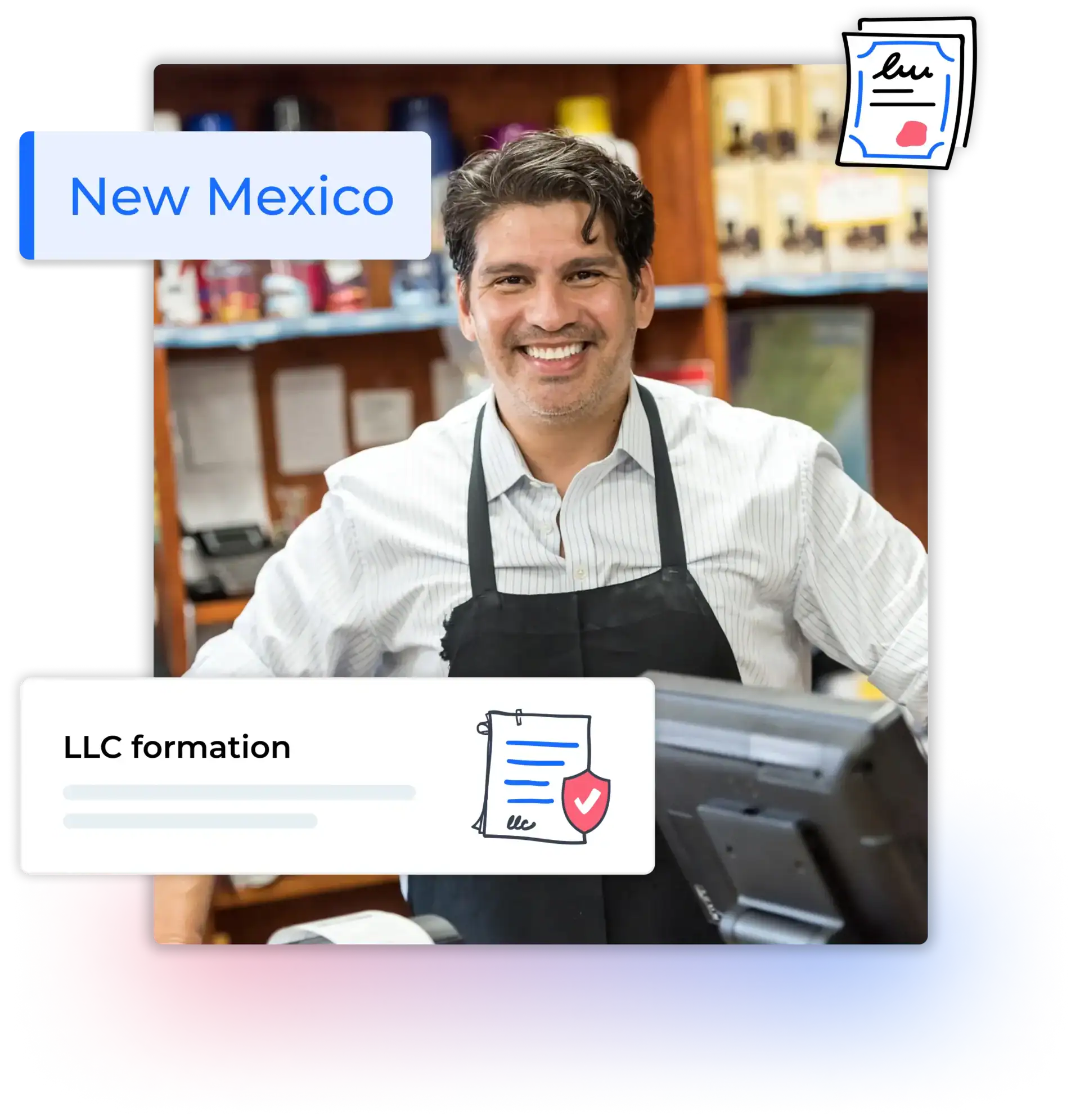 New Mexico LLC formation text with man in a store