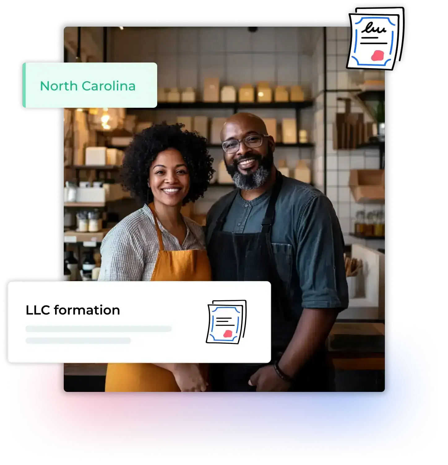 Black man and woman standing in their home fragrance shop in North Carolina, smiling after filing their llc formation forms